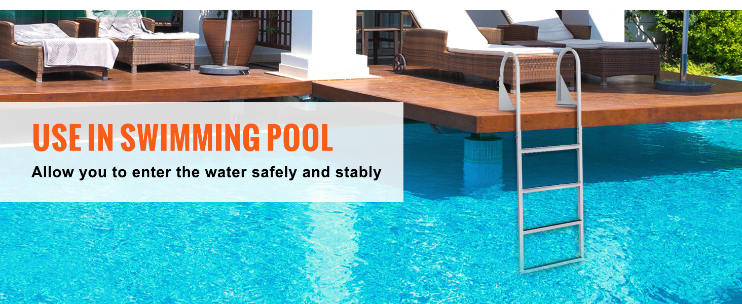VEVOR dock ladder attached to a wooden pool deck, providing safe entry into a sparkling swimming pool.
