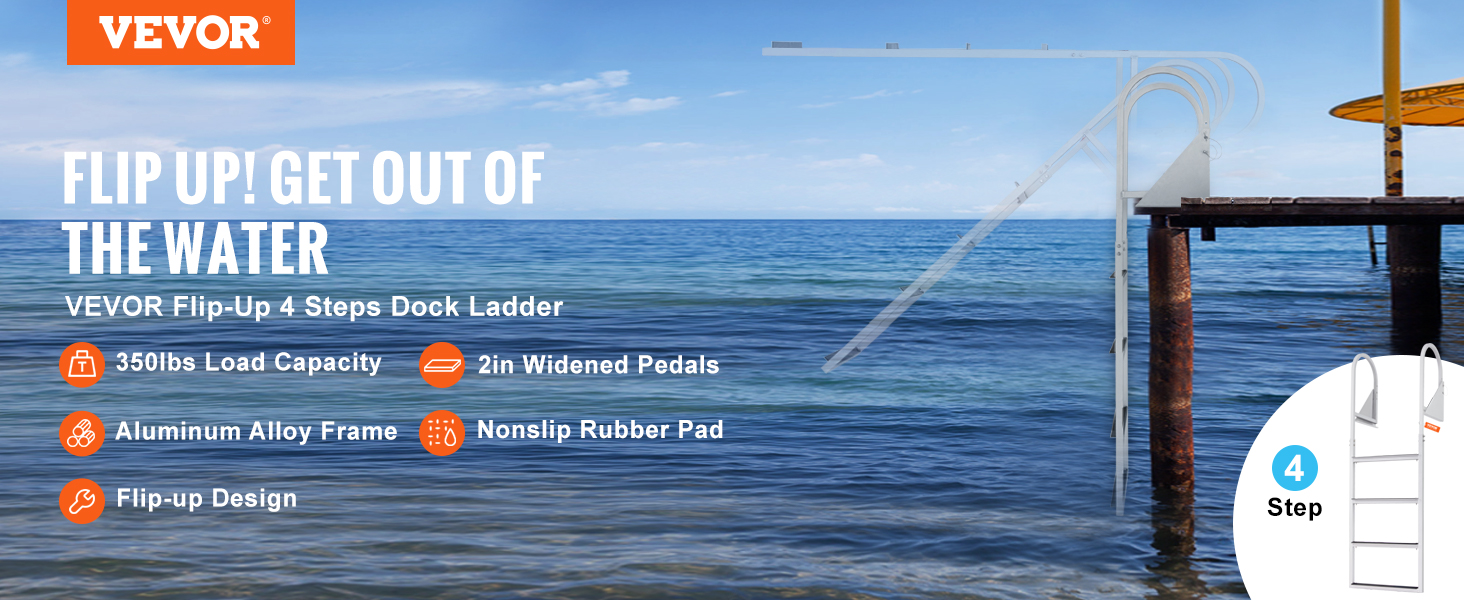 VEVOR dock ladder, 4-step aluminum ladder with flip-up design, 350 lbs load, nonslip rubber pads.