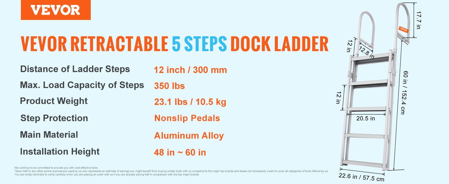VEVOR dock ladder, retractable 5 steps, aluminum alloy, nonslip rubber pads, 350 lbs capacity.
