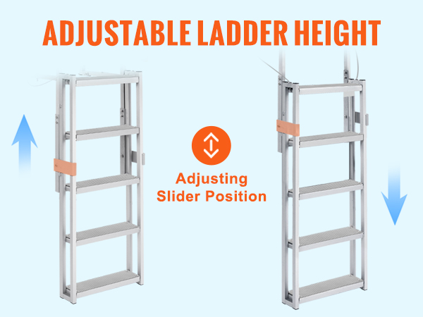 adjustable height VEVOR dock ladder with sliding design and safety pins to fix ladder position.