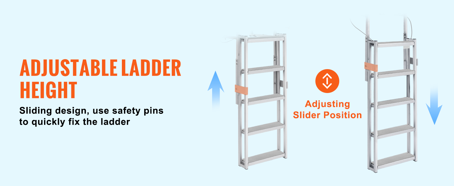 adjustable height VEVOR dock ladder with sliding design and safety pins to fix ladder position.