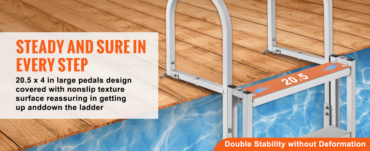 VEVOR dock ladder with nonslip rubber pads and large 20.5x4 pedals for steady and sure footing.