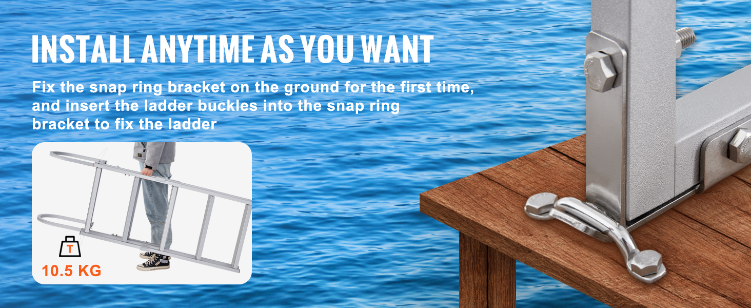 VEVOR dock ladder installation guide in 6 steps: pads, pedals, guideway, handrails, buckles, snap ring.