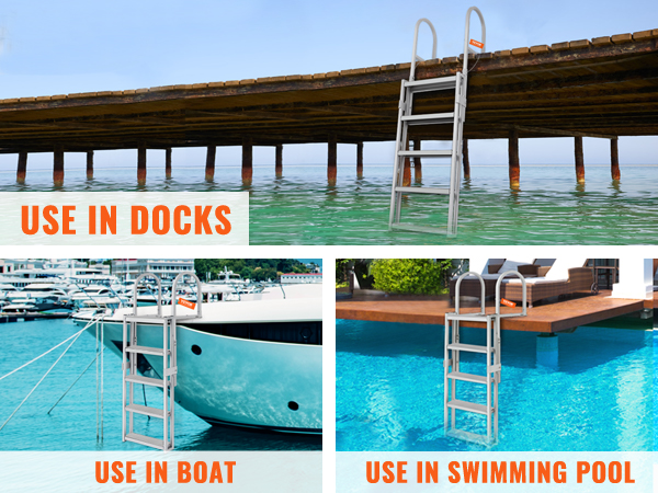 VEVOR dock ladder on rocky shore with clear blue water and orange lounge chair on dock.
