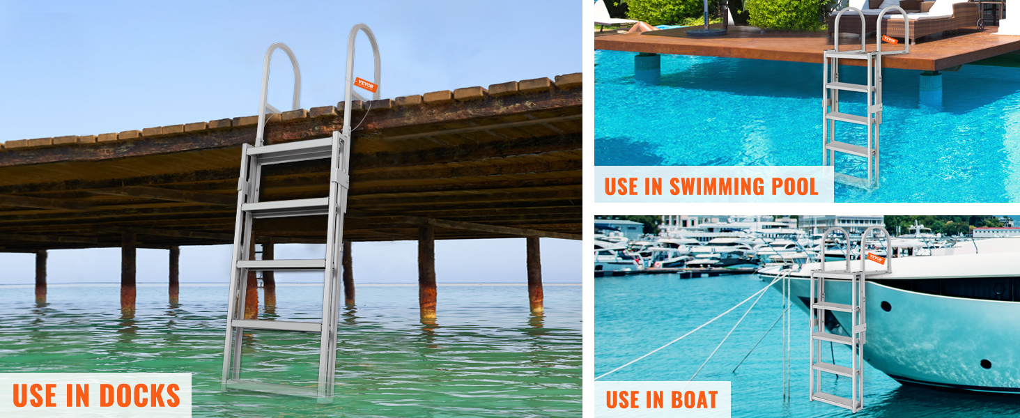VEVOR dock ladder on rocky shore with clear blue water and orange lounge chair on dock.