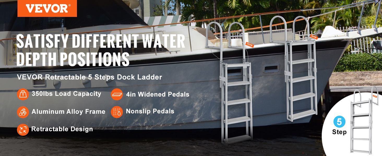 VEVOR dock ladder with aluminum alloy frame, 5 retractable steps, 4-inch wide pedals, and nonslip pads.