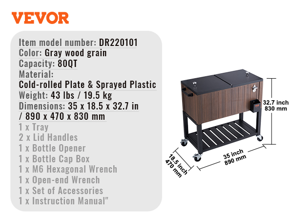 VEVOR rolling ice chest cooler in gray wood grain, 80qt capacity, 35x18.5x32.7 inches, on wheels.