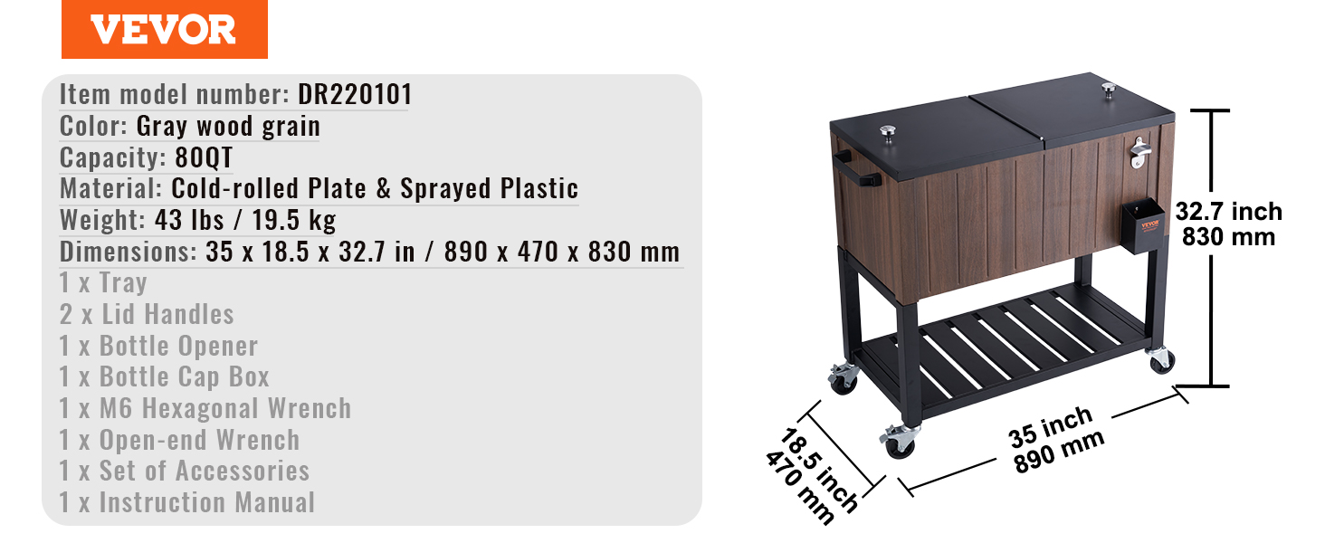 VEVOR rolling ice chest cooler in gray wood grain, 80qt capacity, 35x18.5x32.7 inches, on wheels.