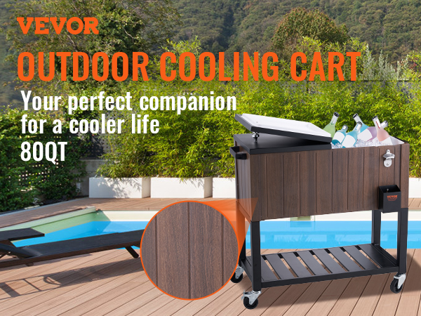 VEVOR rolling ice chest cooler by the poolside with woodgrain-like finish, grid tray, and bottle storage.
