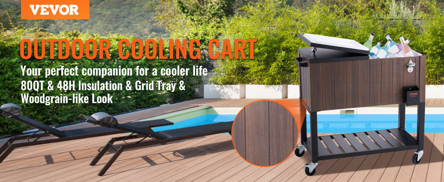 VEVOR rolling ice chest cooler by the poolside with woodgrain-like finish, grid tray, and bottle storage.