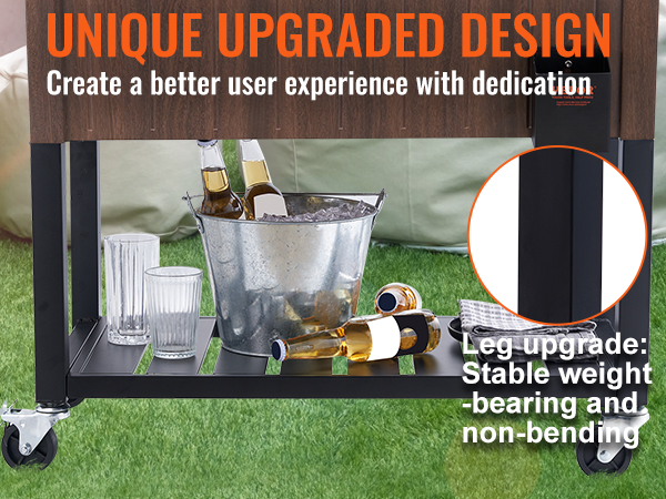 VEVOR rolling ice chest cooler with upgraded stable legs, bucket of ice, bottles, glasses, and towel.