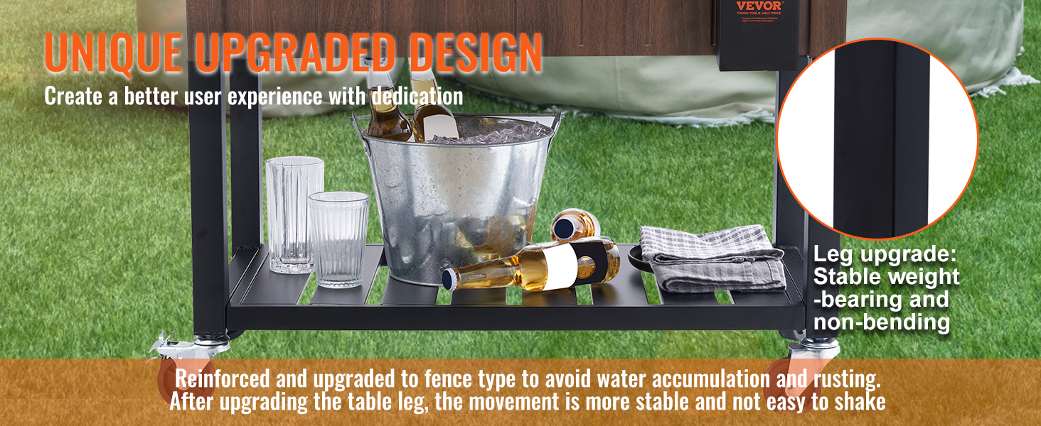 VEVOR rolling ice chest cooler with upgraded stable legs, bucket of ice, bottles, glasses, and towel.