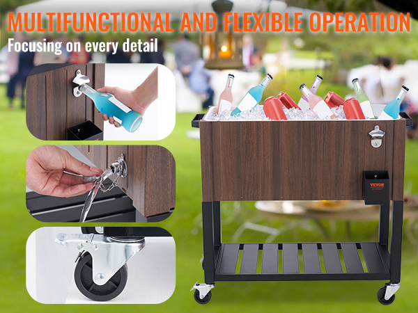 VEVOR rolling ice chest cooler with bottle opener, drain plug, and 360° locking casters for easy use.