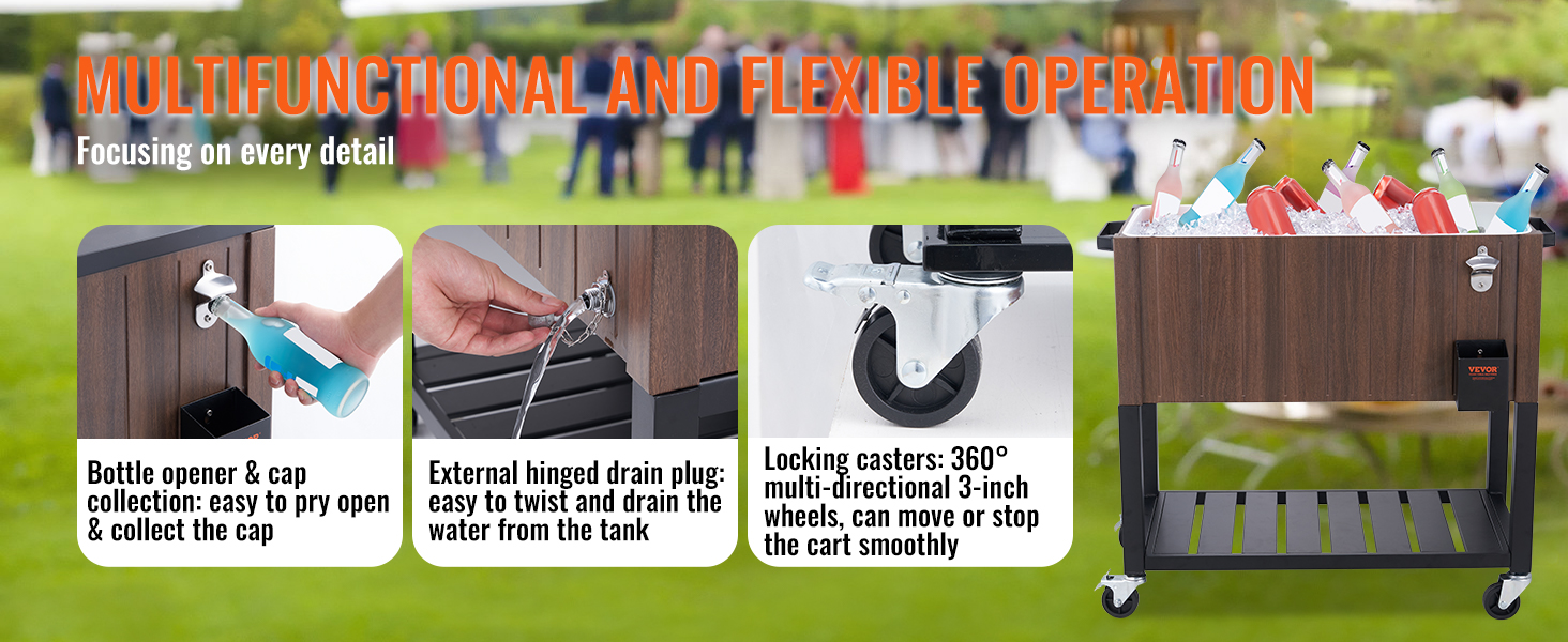VEVOR rolling ice chest cooler with bottle opener, drain plug, and 360° locking casters for easy use.