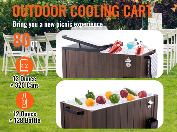 VEVOR rolling ice chest cooler, outdoor cooling cart with drinks and fruits, 80 qt for picnics.
