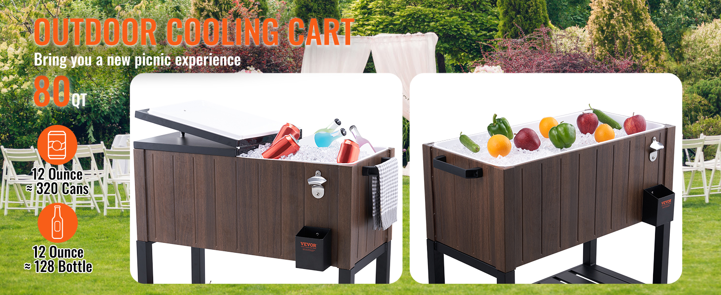 VEVOR rolling ice chest cooler, outdoor cooling cart with drinks and fruits, 80 qt for picnics.