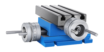 VEVOR milling machine work table with adjustable dual handles on a blue base.