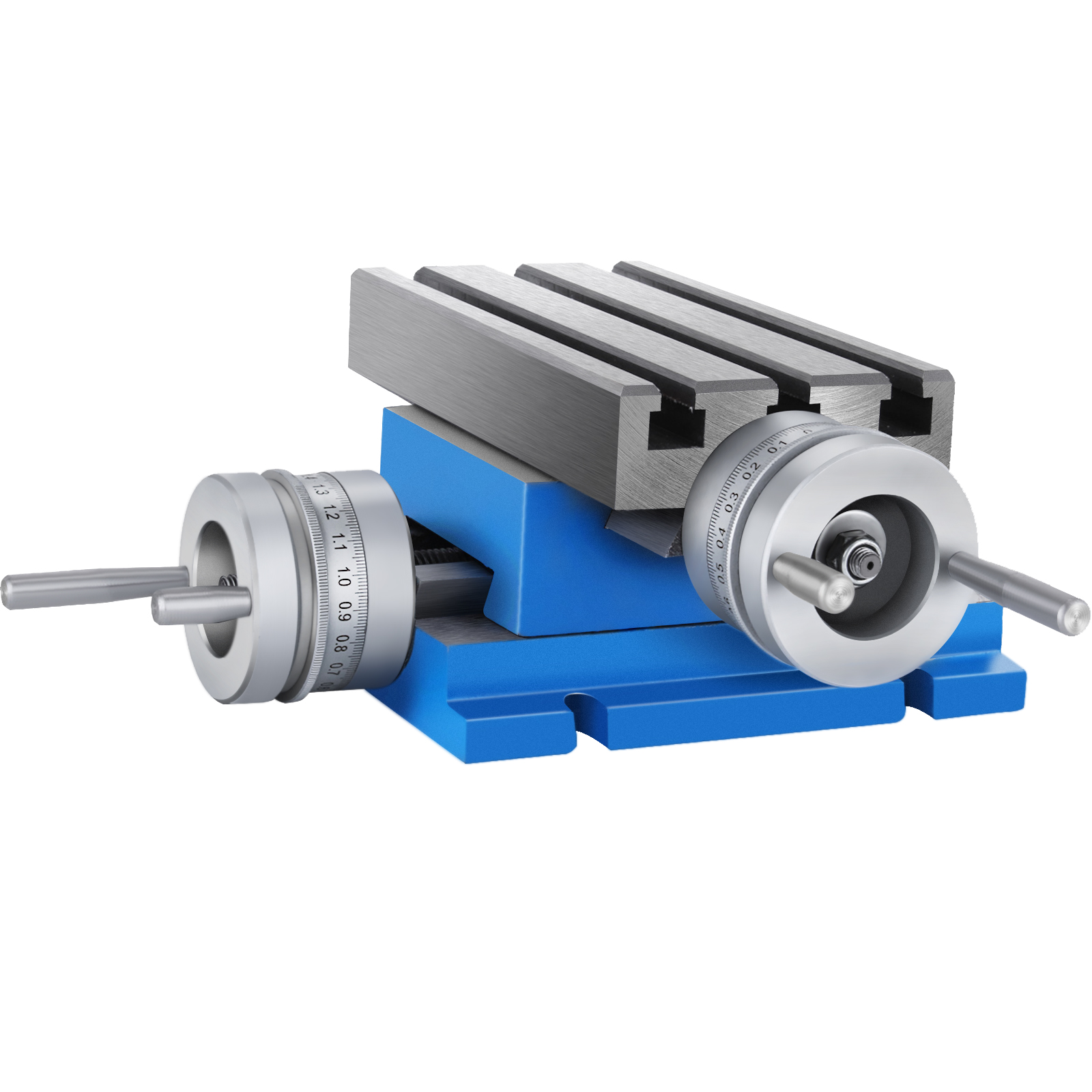 VEVOR milling machine work table with blue base and dual handwheels.
