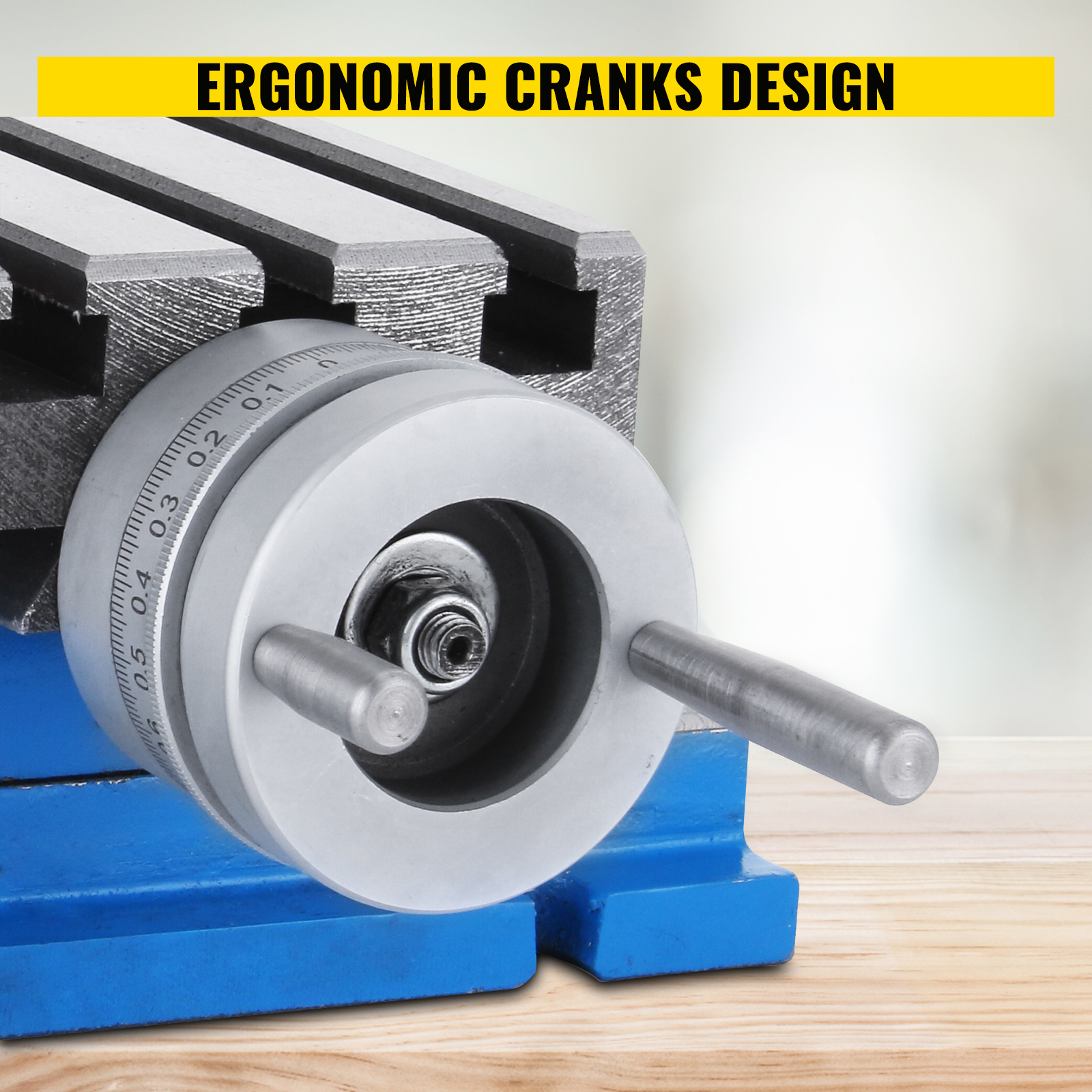 VEVOR milling machine work table with ergonomic cranks design, detailed close-up.