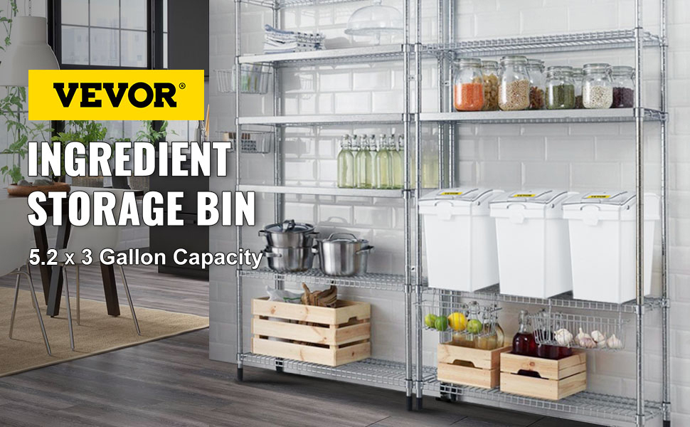VEVOR ingredient bin in kitchen with jars, pots, and baskets on metal shelves.