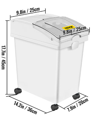 VEVOR ingredient bin with lid, dimensions: 17.7in h x 14.2in w x 7.9in d, on wheels.
