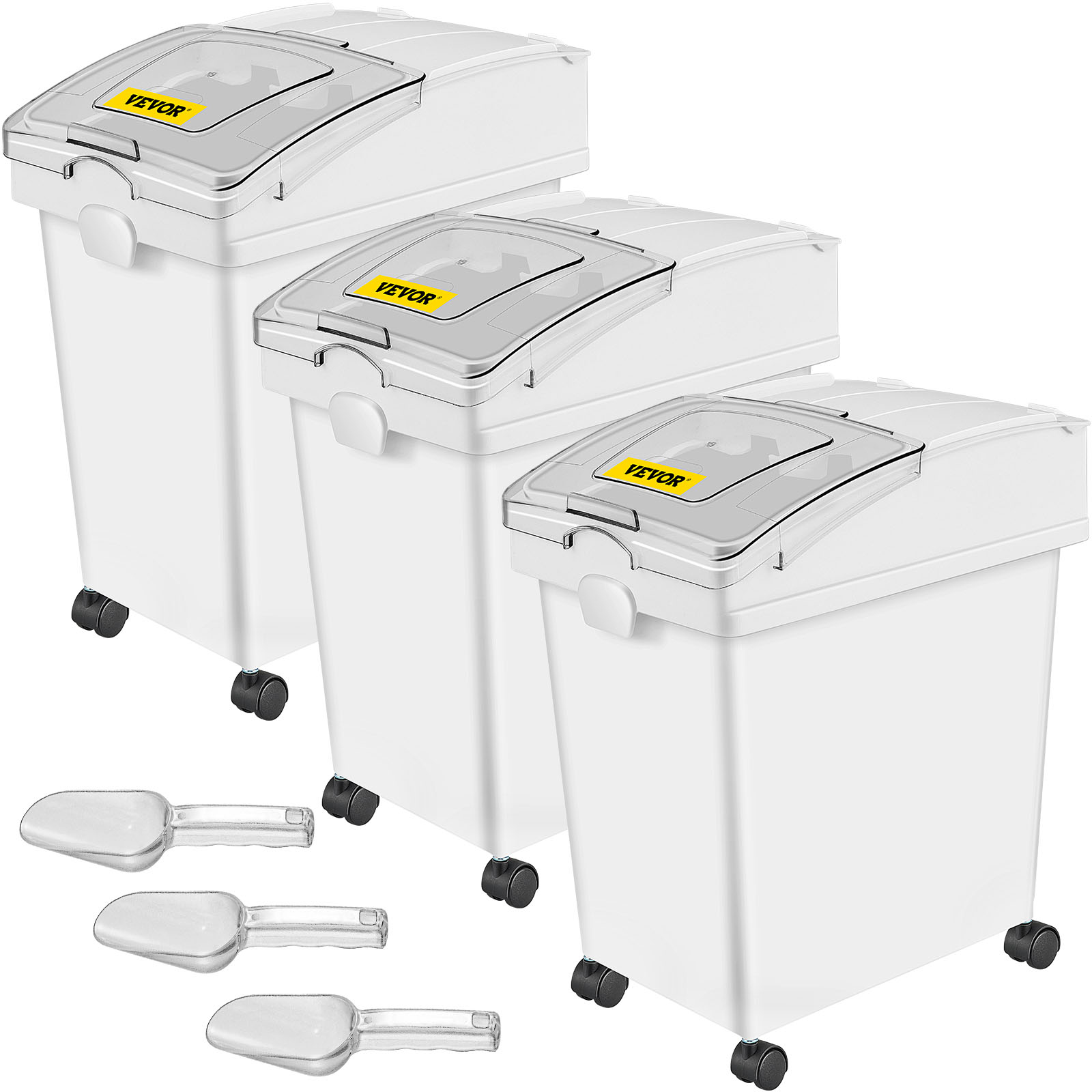 three VEVOR ingredient bins with lids and scoops, featuring wheels for easy mobility.