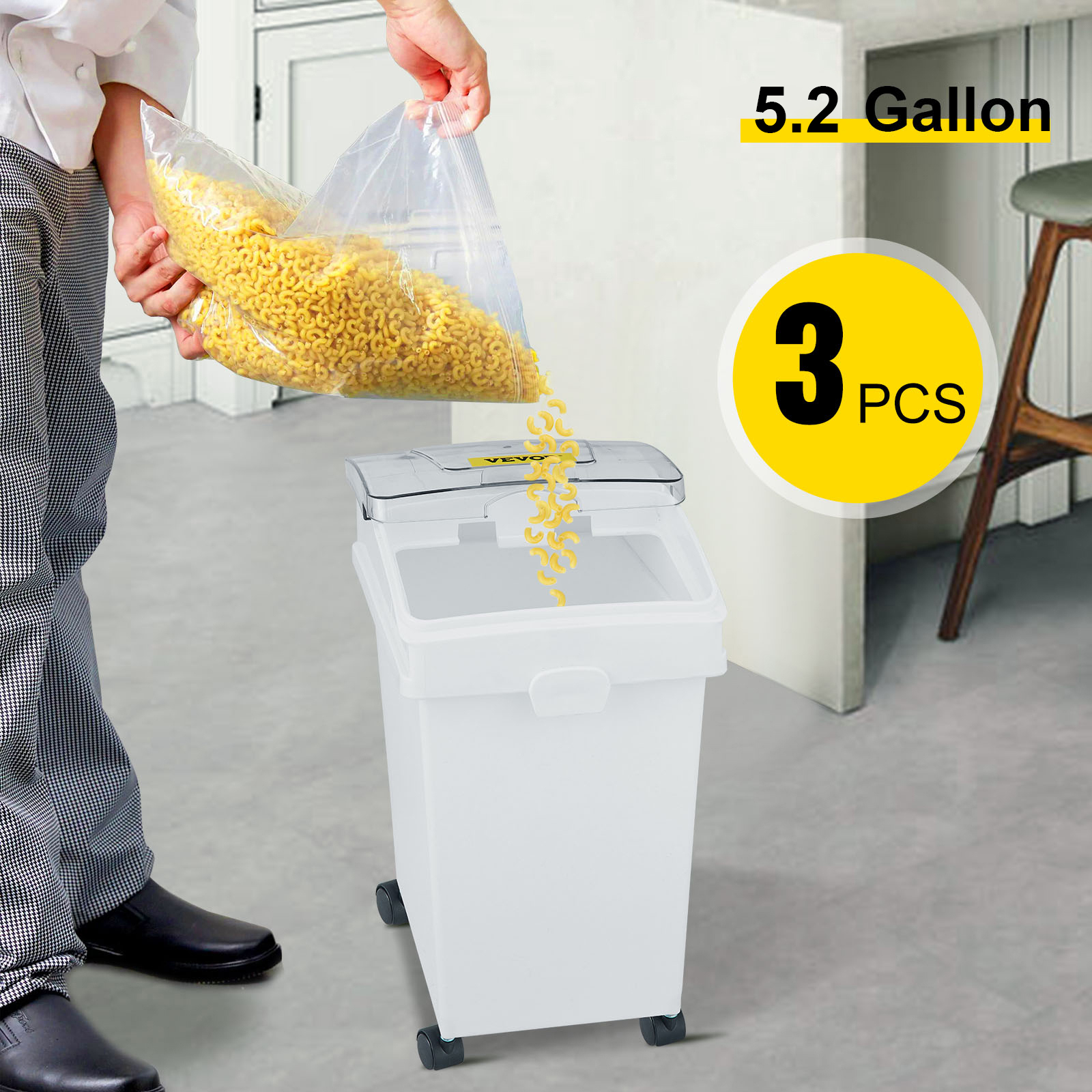 person pouring pasta into a VEVOR ingredient bin, 5.2 gallon, 3 pieces set.