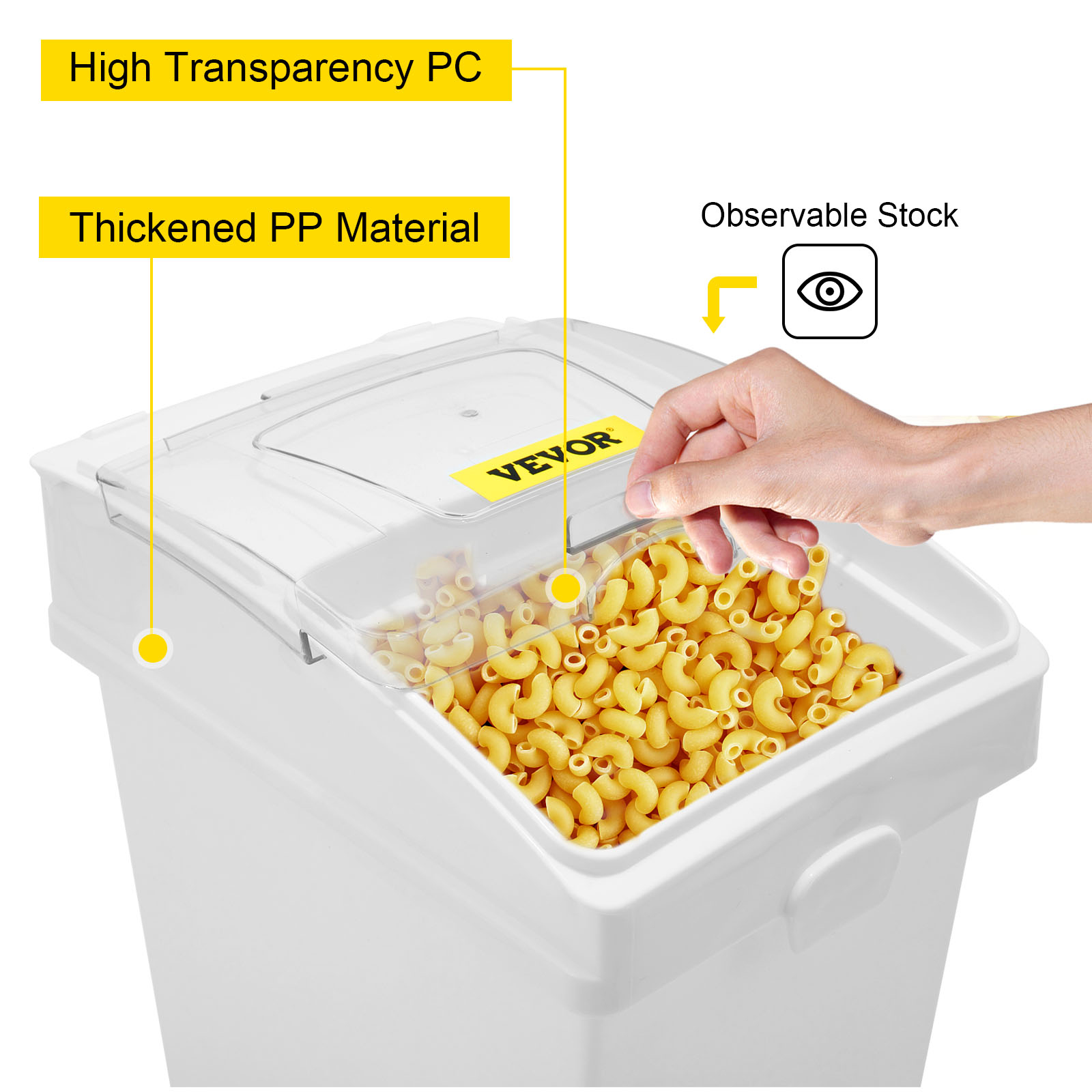 VEVOR ingredient bin with high transparency pc lid and thickened pp material.