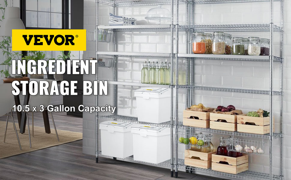 VEVOR ingredient storage bin on metal shelves with jars, produce, and 10.5 x 3 gallon capacity.