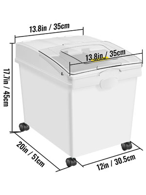 white VEVOR ingredient storage bin with measurements and wheels.
