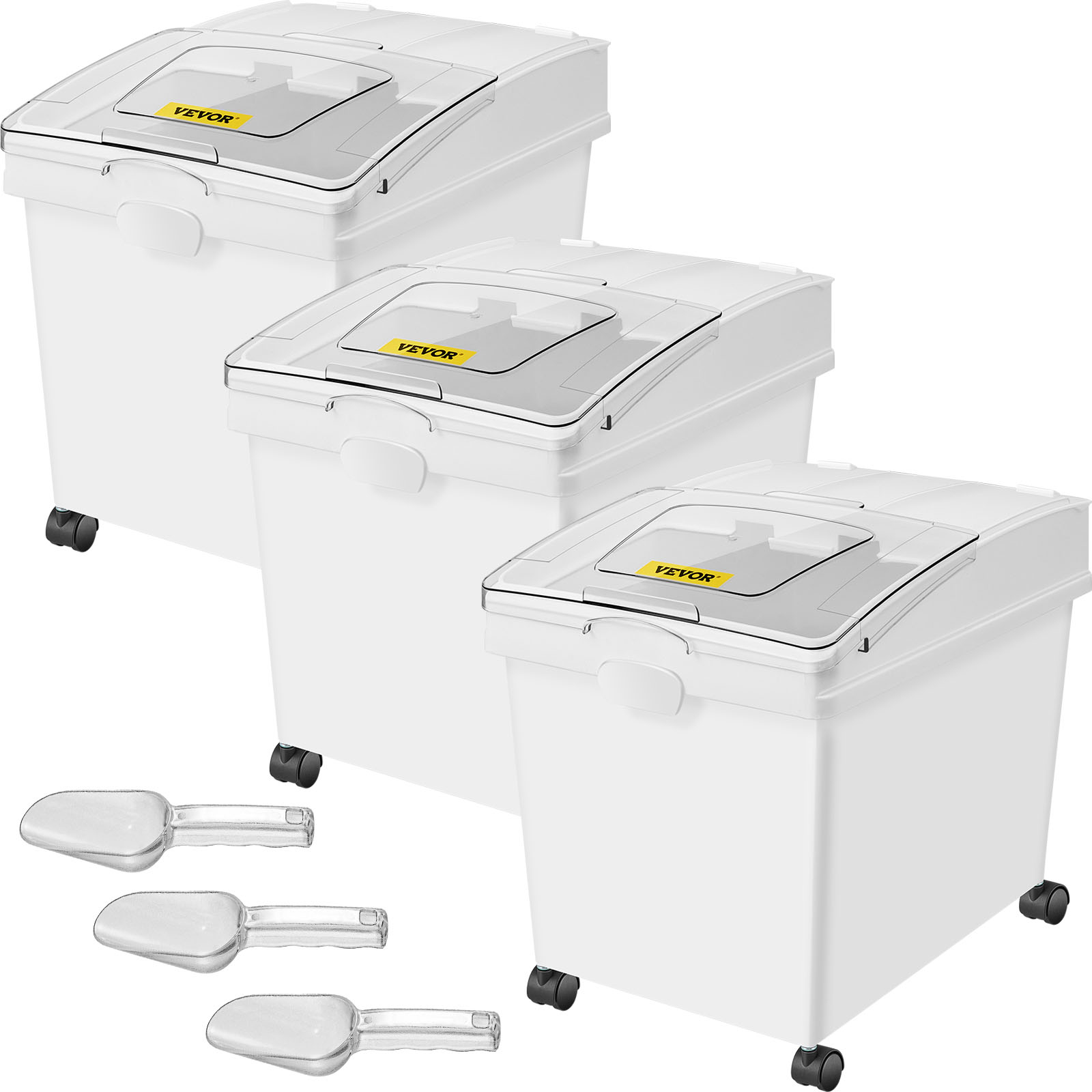 three VEVOR ingredient storage bins with scoops, featuring transparent lids and wheels.
