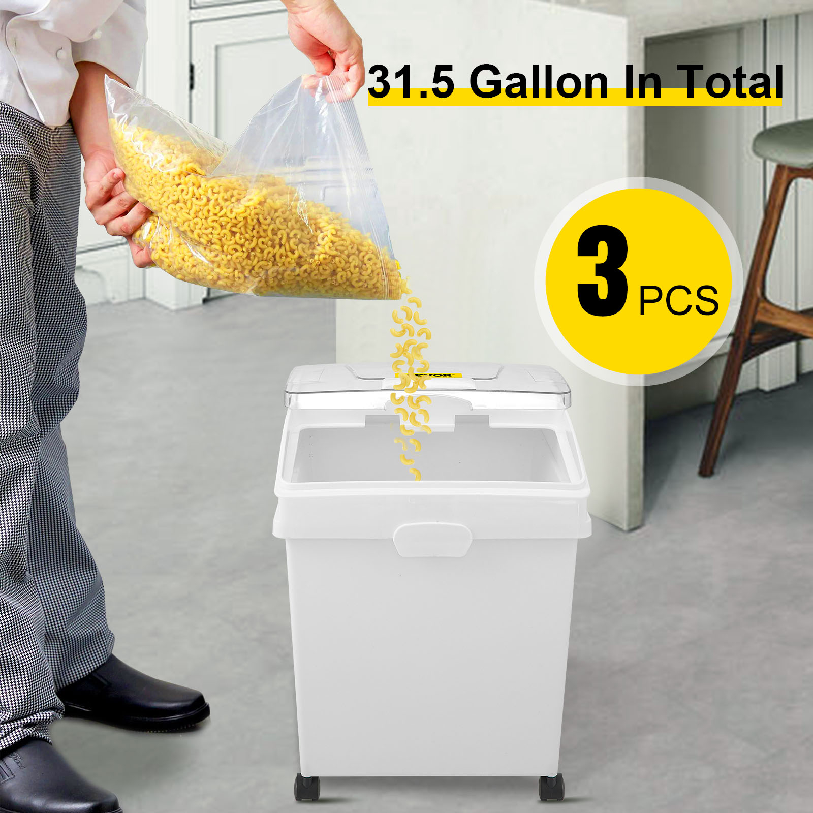 pouring macaroni into VEVOR ingredient storage bin, white container with 31.5-gallon capacity.