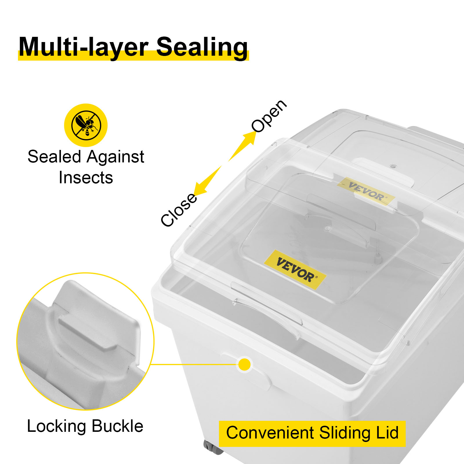 VEVOR ingredient storage bin with sealed lid and locking buckle, insect-proof design.