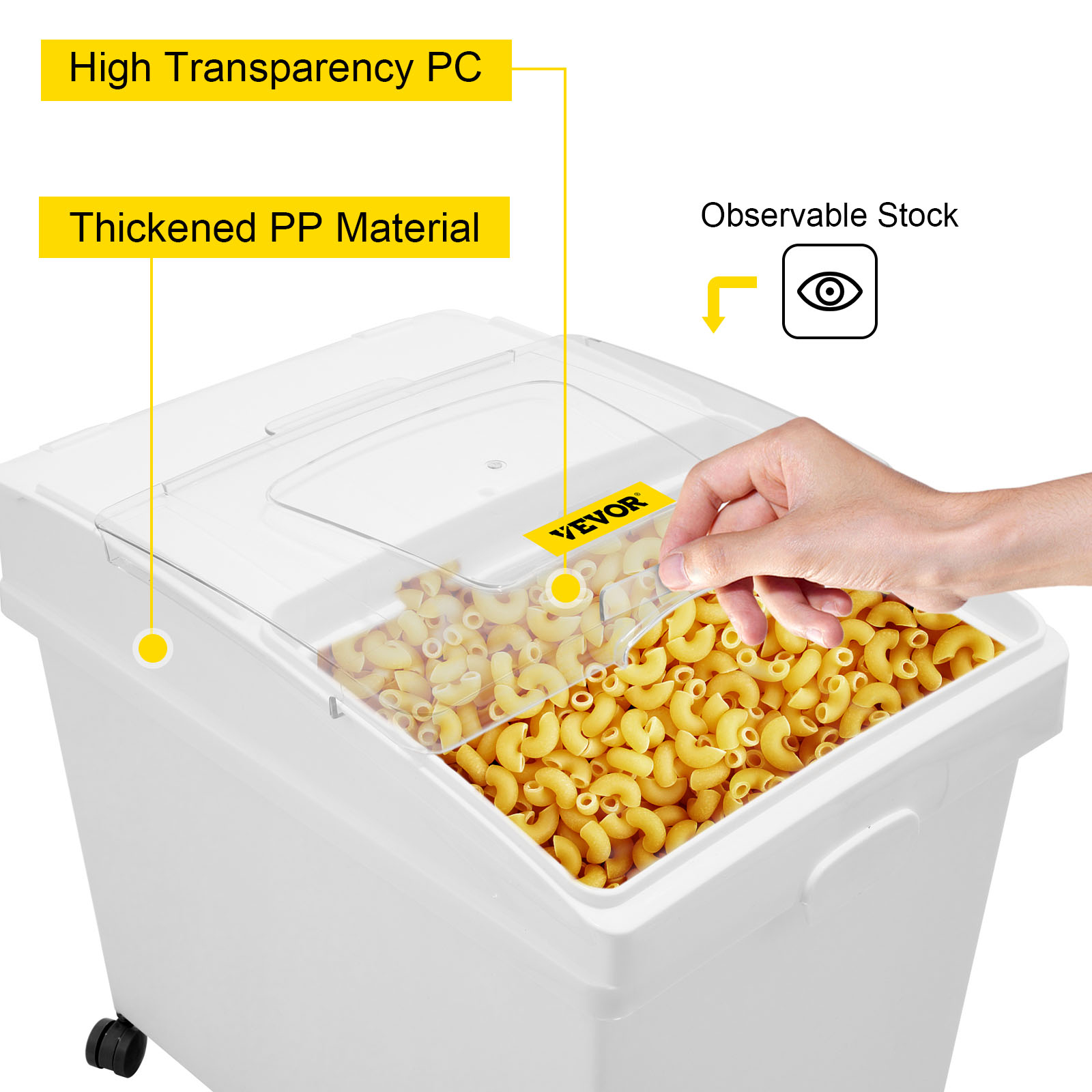 VEVOR ingredient storage bin with transparent lid, thickened pp material, containing pasta.