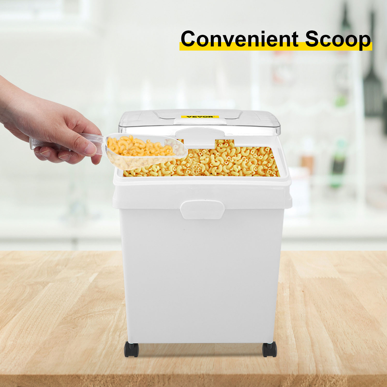 hand scooping pasta from VEVOR ingredient storage bin on a kitchen counter.
