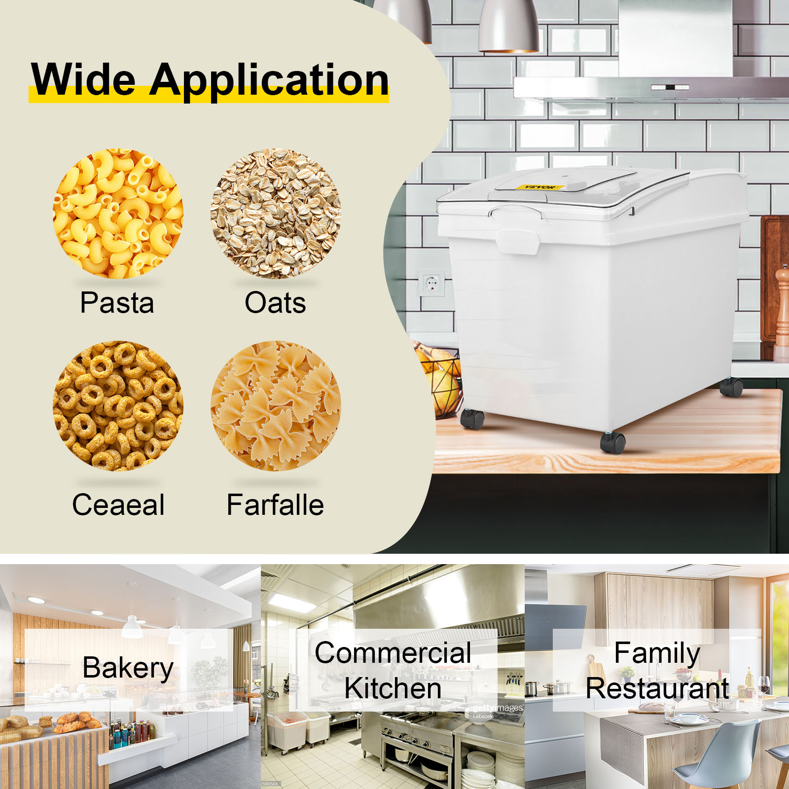 VEVOR ingredient storage bin showcasing versatility for pasta, oats, cereal, and farfalle.