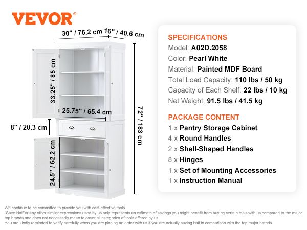 VEVOR kitchen pantry cabinet, pearl white, mdf board, 67 in height comparison, specifications listed.