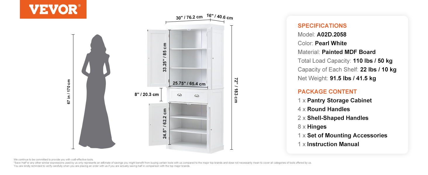 VEVOR kitchen pantry cabinet, pearl white, mdf board, 67 in height comparison, specifications listed.