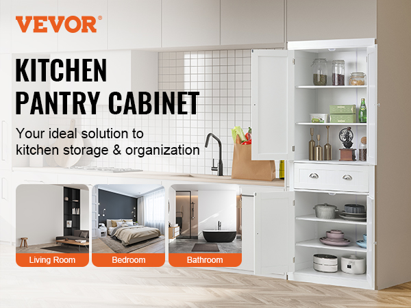 VEVOR kitchen pantry cabinet in modern kitchen with ample storage, plus living room, bedroom, bathroom views.