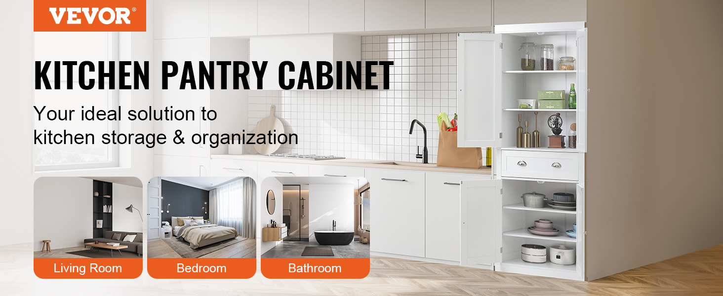 VEVOR kitchen pantry cabinet in modern kitchen with ample storage, plus living room, bedroom, bathroom views.