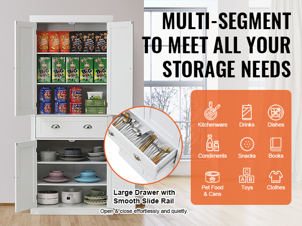 white VEVOR kitchen pantry cabinet with multiple storage segments for food, books, toys, and kitchenware.