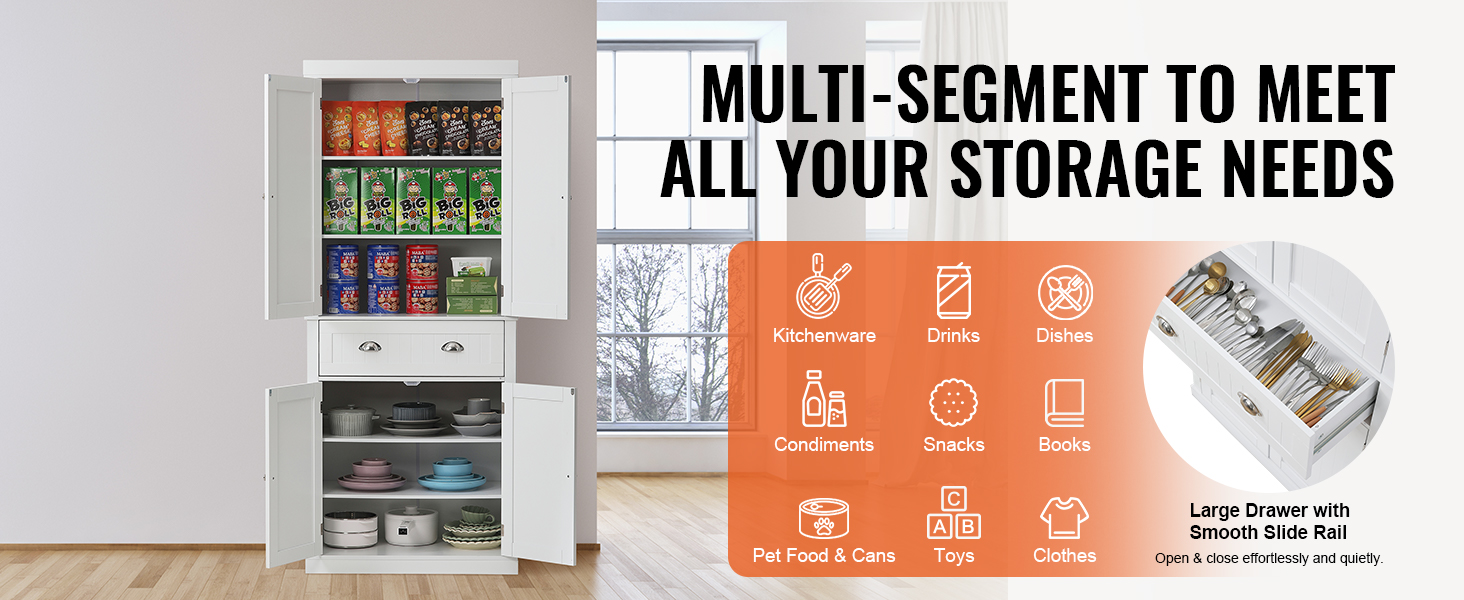 white VEVOR kitchen pantry cabinet with multiple storage segments for food, books, toys, and kitchenware.