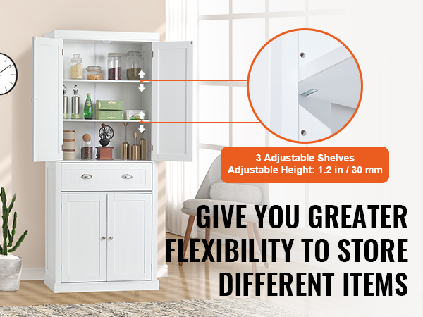 white VEVOR kitchen pantry cabinet with 3 adjustable shelves and drawer, clock, and plant in background.