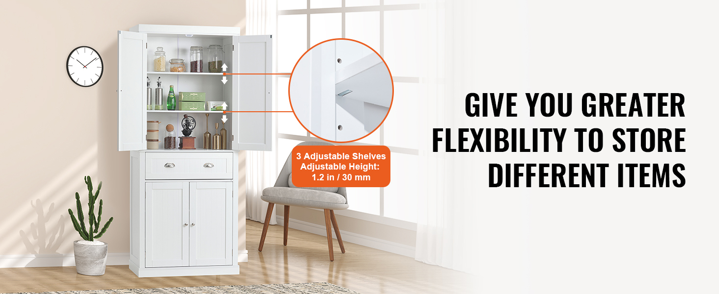 white VEVOR kitchen pantry cabinet with 3 adjustable shelves and drawer, clock, and plant in background.