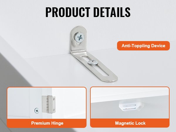 anti-toppling device, premium hinge, and magnetic lock of VEVOR kitchen pantry cabinet shown in detail.
