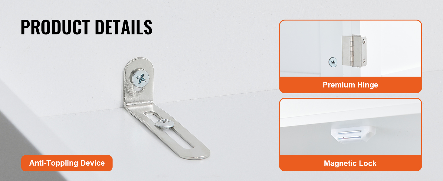 anti-toppling device, premium hinge, and magnetic lock of VEVOR kitchen pantry cabinet shown in detail.