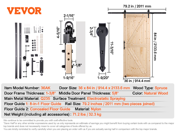 VEVOR barn door kit with 36x84in spruce door, 79.2in rail, q235 metal, nylon floor guides, 71.2lbs.