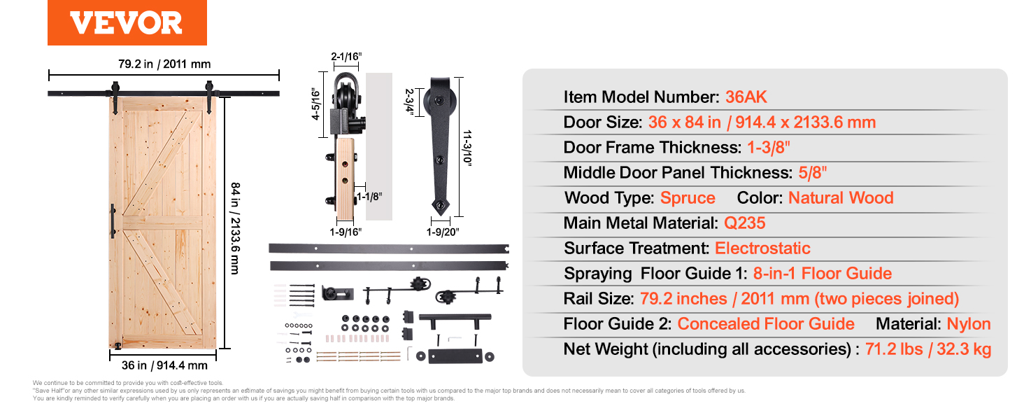 VEVOR barn door kit with 36x84in spruce door, 79.2in rail, q235 metal, nylon floor guides, 71.2lbs.