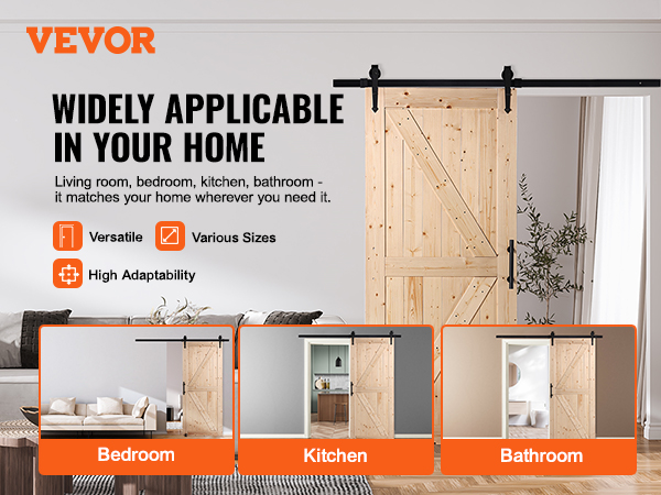 VEVOR barn door kit installed in a modern living room, showcasing versatility for bedroom, kitchen, bathroom.