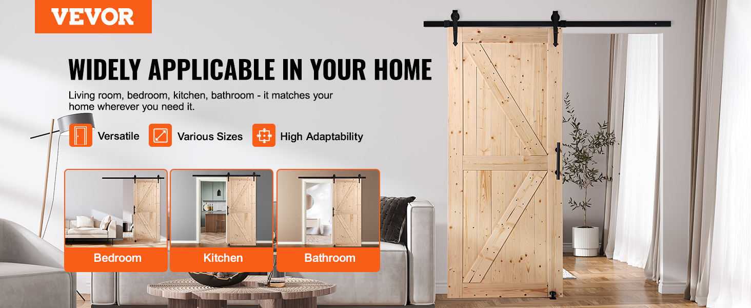 VEVOR barn door kit installed in a modern living room, showcasing versatility for bedroom, kitchen, bathroom.